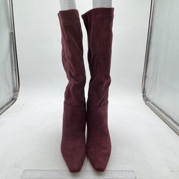 Wine Red Pointy Toe Knee High Kitten Low Heel Pull On Booties Side Zipper Shoes - Picture 1 of 7